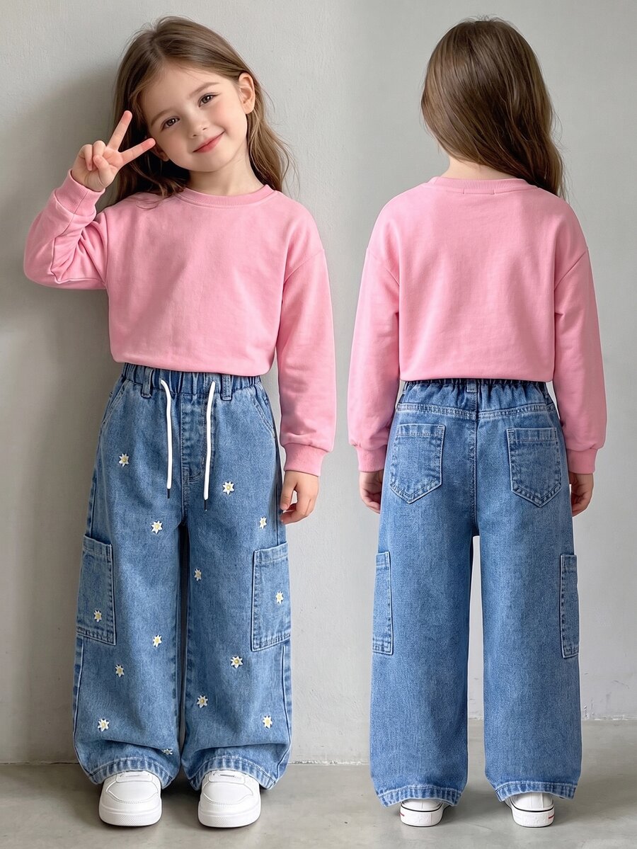 Young Girls Elastic Waist Adjustable Drawstring Relaxed Fit Floral Embroidered Multi-Pocket Denim Straight Leg Pants, Baby Blue, School Summer Cowgirl - Medium Wash - View 1