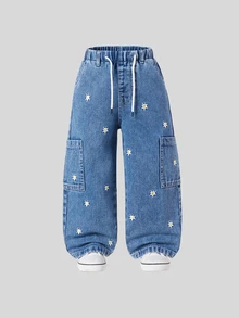Young Girls Elastic Waist Adjustable Drawstring Relaxed Fit Floral Embroidered Multi-Pocket Denim Straight Leg Pants, Baby Blue, School Summer Cowgirl - Medium Wash - View 3