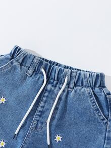 Young Girls Elastic Waist Adjustable Drawstring Relaxed Fit Floral Embroidered Multi-Pocket Denim Straight Leg Pants, Baby Blue, School Summer Cowgirl - Medium Wash - View 5