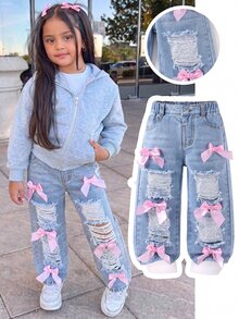 Genkimix Kids Baby Blue Washed Heavy Ripped Bow Decorated Denim Long Pants 2026 Spring Summer Young Girl Loose Straight Leg Sweet Cool Jeans Autumn Fall Cowboy - Light Wash - View 2