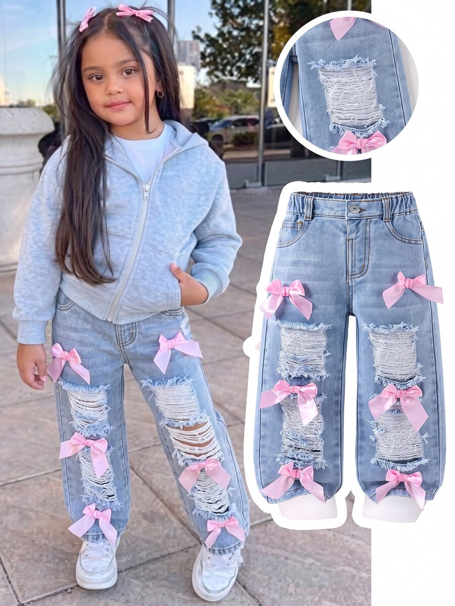 Genkimix Kids Baby Blue Washed Heavy Ripped Bow Decorated Denim Long Pants 2026 Spring Summer Young Girl Loose Straight Leg Sweet Cool Jeans Autumn Fall Cowboy