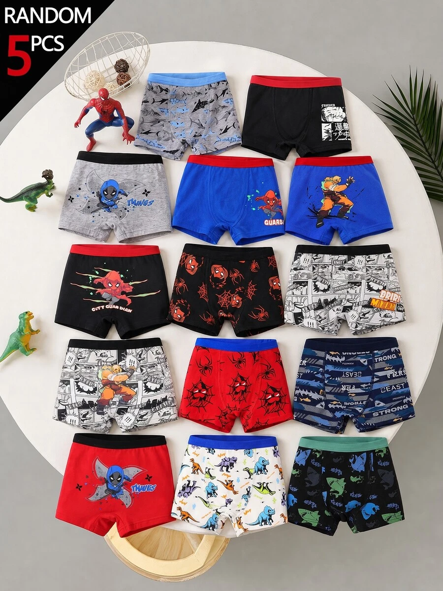 SHEIN [5件隨機款] 男童幼兒四角內褲，夏季卡通格鬥漫畫角色圖案印花純棉基本款，嬰兒粉，秋冬款