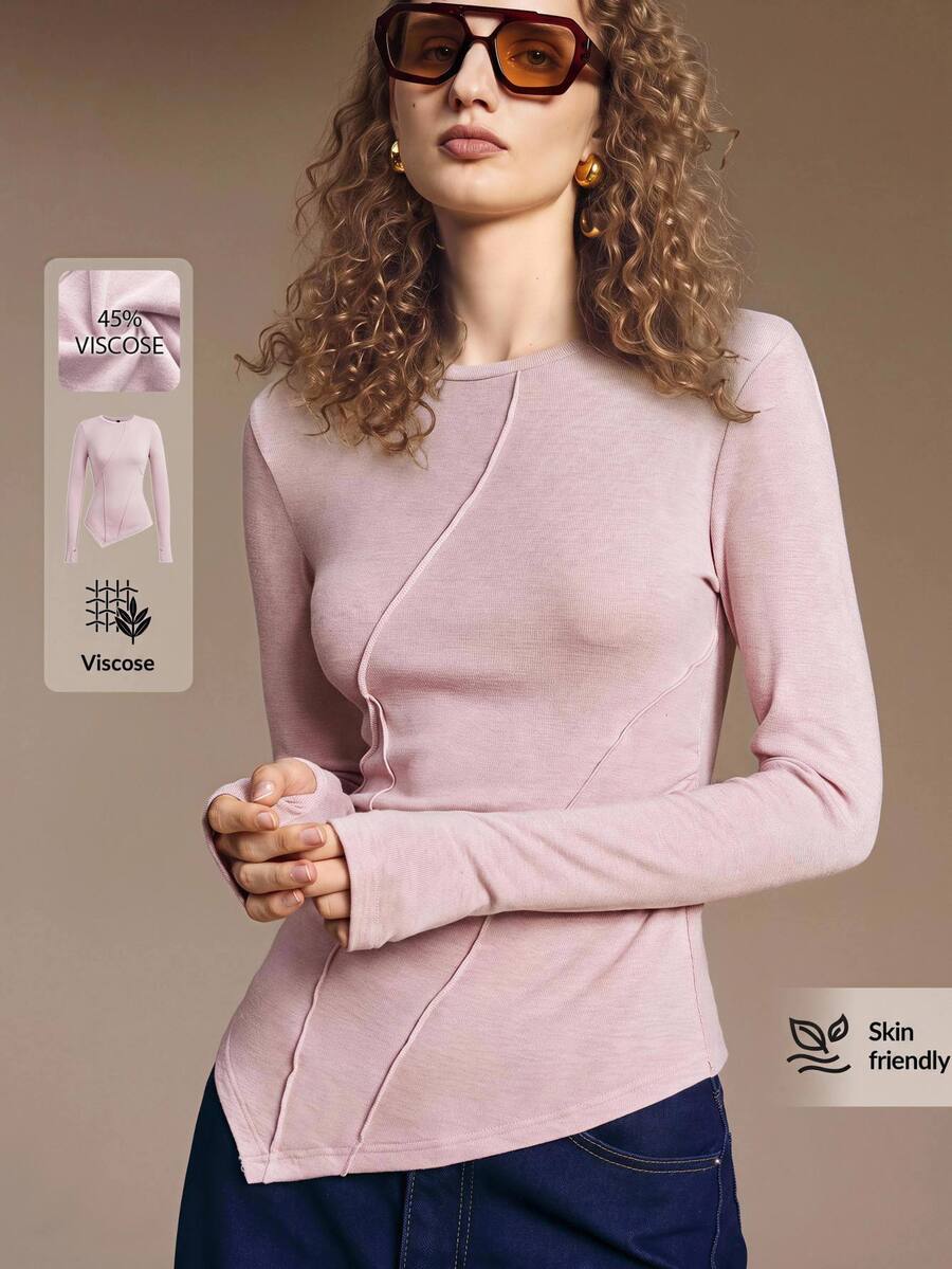 Ontre Solid Asymmetrical Hem Tee - Pink - View 1