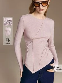 Ontre Solid Asymmetrical Hem Tee - Pink - View 5