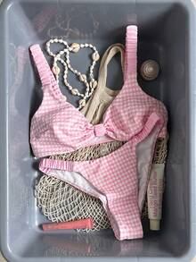 SHEIN Swim 女士泳装套装，绿色粗肩带高衩比基尼泳裤，性感甜美，适合海滩度假，春夏皆宜，网眼面料 - 粉色 - 查看 2