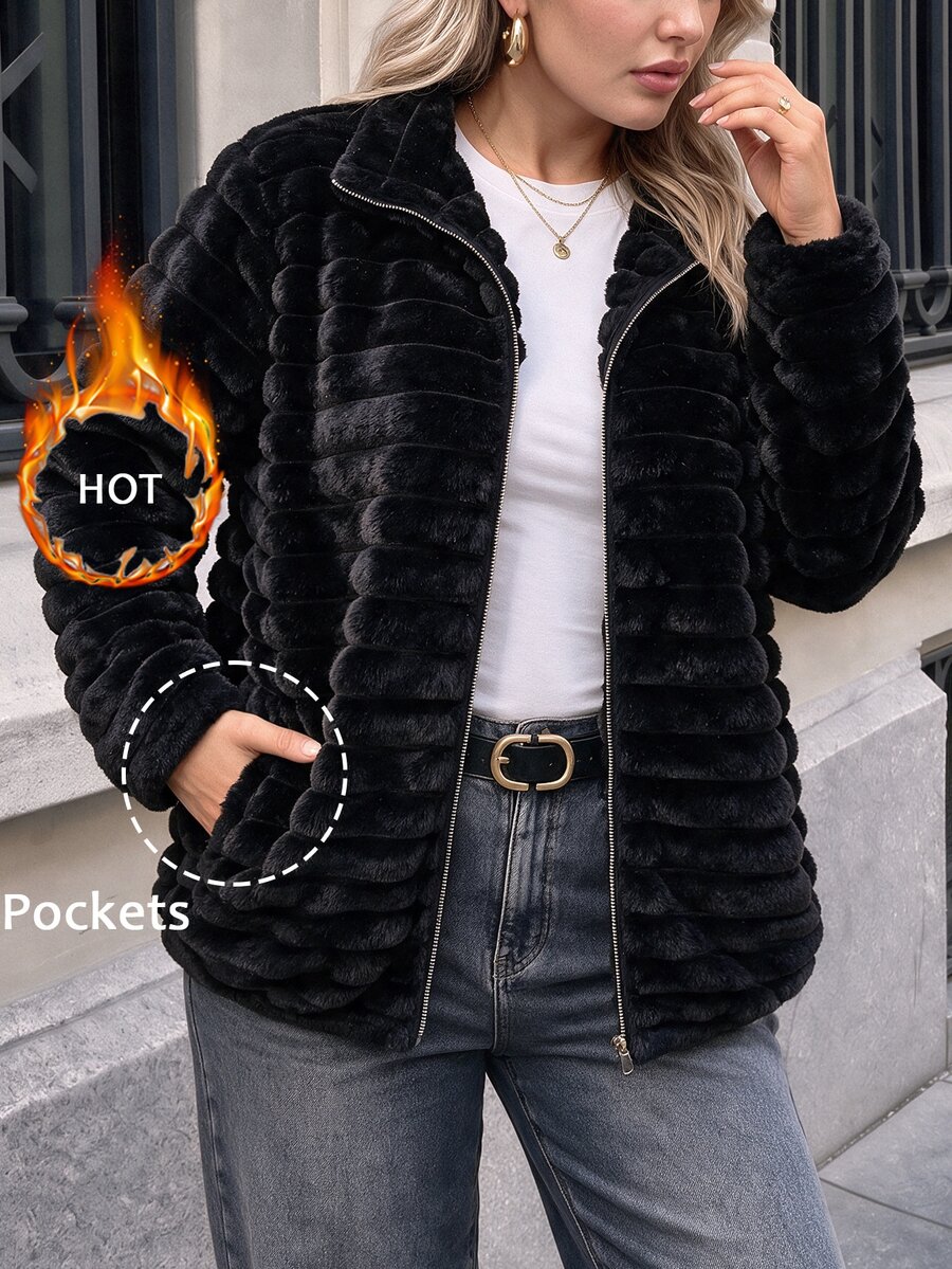 Easowa Curve Plus Size Casual Reversible Fleece Patchwork Jacket For Winter Winter Clothes