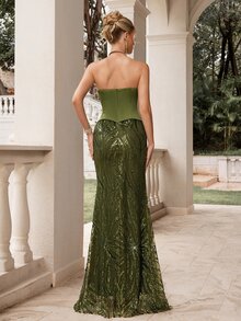Poshira Women's Sequin Strapless Formal Evening Gown Dress (Heavy Embellished) - Army Green - View 8