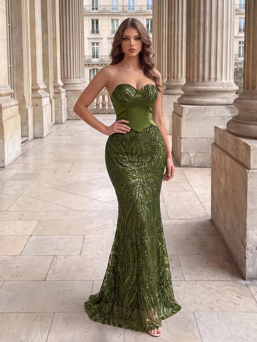 Poshira Women's Sequin Strapless Formal Evening Gown Dress (Heavy Embellished) - Army Green - View 1