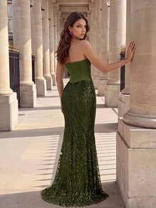 Poshira Women's Sequin Strapless Formal Evening Gown Dress (Heavy Embellished) - Army Green - View 3