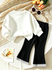 SHEIN Vintaside Kids 嬰兒與幼兒運動衫套裝，甜美女童幾何愛心印花，休閒舒適柔軟圓領長袖運動衫與內搭褲，適合秋冬日常穿著 - 彩色 - 查看 2