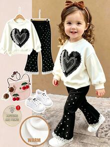 SHEIN Vintaside Kids 嬰兒與幼兒運動衫套裝，甜美女童幾何愛心印花，休閒舒適柔軟圓領長袖運動衫與內搭褲，適合秋冬日常穿著 - 彩色 - 查看 1
