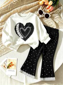 SHEIN Vintaside Kids 嬰兒與幼兒運動衫套裝，甜美女童幾何愛心印花，休閒舒適柔軟圓領長袖運動衫與內搭褲，適合秋冬日常穿著 - 彩色 - 查看 3