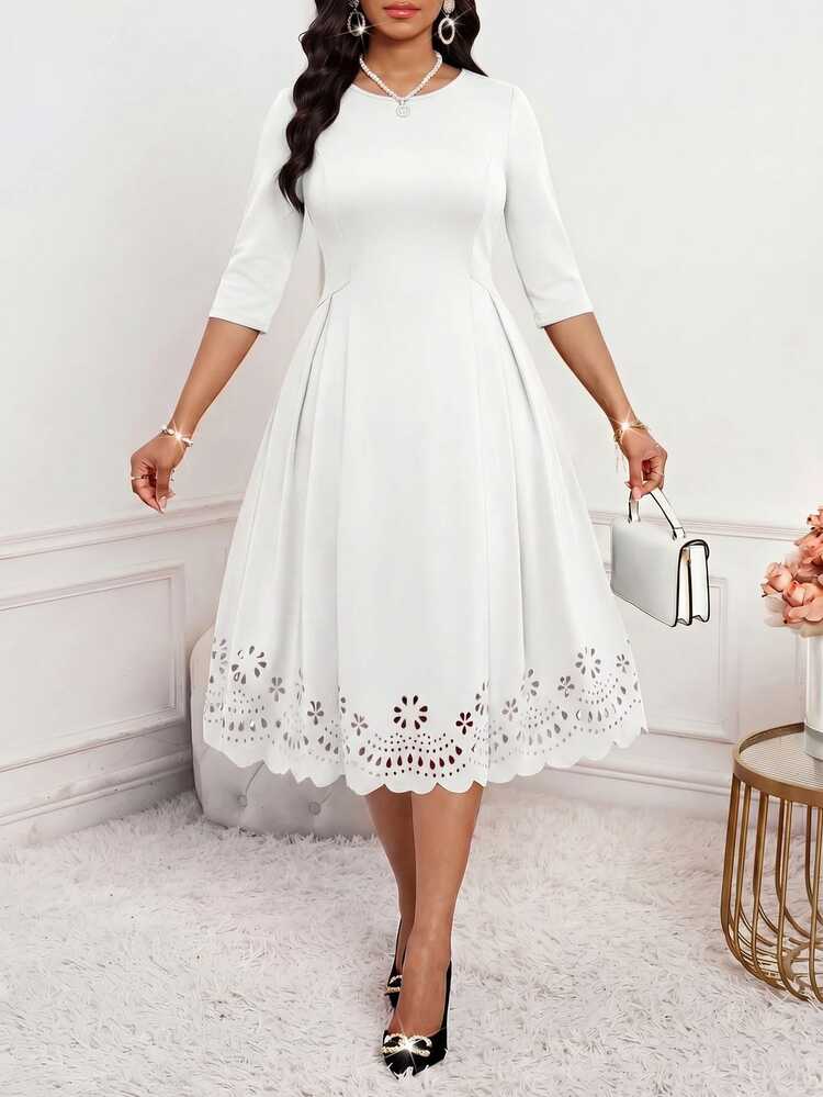 SHEIN Lady Women's Solid Color Round Neck Short Sleeve Hollow Design Pocket Elegant French Midi Dress Wedding Brunch Party Church Christening All White Summer - White - View 7