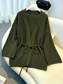 Elenzga Women's V-Neck Oversized Sleeve Waist Tie Solid Color Cardigan Sweater - Army Green - View 5