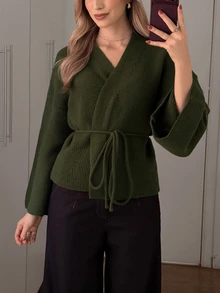 Elenzga Women's V-Neck Oversized Sleeve Waist Tie Solid Color Cardigan Sweater - Army Green - View 4