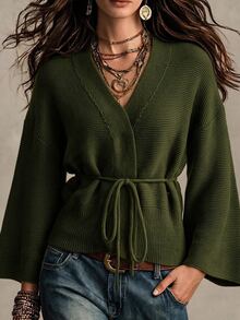 Elenzga Women's V-Neck Oversized Sleeve Waist Tie Solid Color Cardigan Sweater - Army Green - View 1