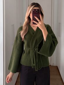 Elenzga Women's V-Neck Oversized Sleeve Waist Tie Solid Color Cardigan Sweater - Army Green - View 3