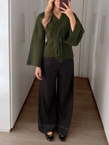 Elenzga Women's V-Neck Oversized Sleeve Waist Tie Solid Color Cardigan Sweater - Army Green - View 2
