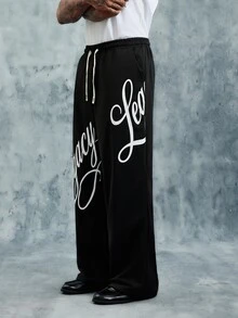 INCRYTM Men's Letter Print Drawstring Waist Loose Casual Sweatpants - Black - View 3