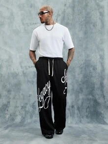 INCRYTM Men's Letter Print Drawstring Waist Loose Casual Sweatpants - Black - View 4