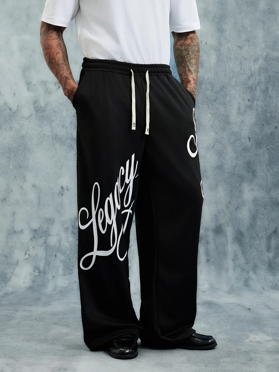 INCRYTM Men's Letter Print Drawstring Waist Loose Casual Sweatpants - Black - View 1