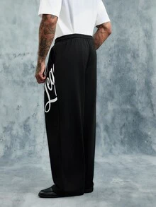 INCRYTM Men's Letter Print Drawstring Waist Loose Casual Sweatpants - Black - View 2