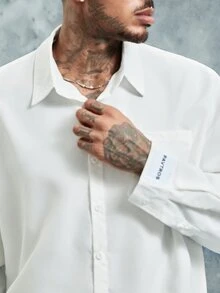 INCRYTM PAVTROS Men's White Button-Down Long Sleeve Shirt With Chest Pocket & Label Detail, Boxy Cropped Fit - White - View 5