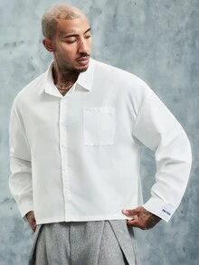 INCRYTM PAVTROS Men's White Button-Down Long Sleeve Shirt With Chest Pocket & Label Detail, Boxy Cropped Fit - White - View 4