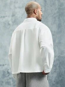 INCRYTM PAVTROS Men's White Button-Down Long Sleeve Shirt With Chest Pocket & Label Detail, Boxy Cropped Fit - White - View 2