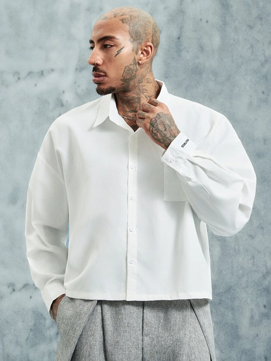 INCRYTM PAVTROS Men's White Button-Down Long Sleeve Shirt With Chest Pocket & Label Detail, Boxy Cropped Fit - White - View 1
