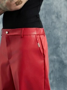 INCRYTM Men's Black PU Leather Pants, Loose Fit Fashion Versatile Trousers Wide Leg - Red - View 3