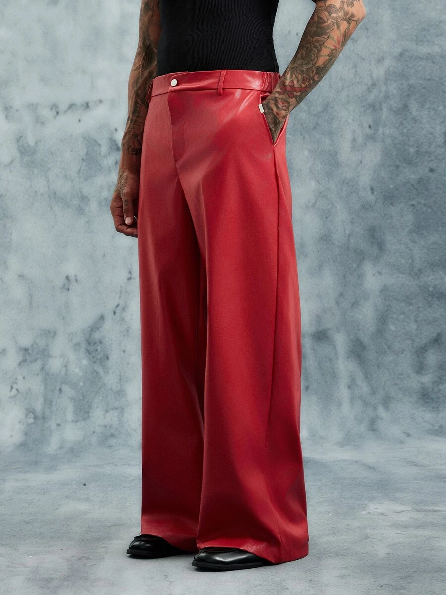 INCRYTM Men's Black PU Leather Pants, Loose Fit Fashion Versatile Trousers Wide Leg - Red - View 1