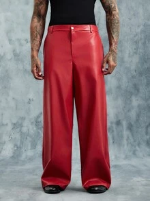 INCRYTM Men's Black PU Leather Pants, Loose Fit Fashion Versatile Trousers Wide Leg - Red - View 4