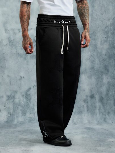INCRYTM Men's LA Embroidered Waistband Sweatpants,Black And White Streetwear Baggy Elastic Pants,Autumn Work Casual Outings,Letter Print Patched Sweatpants
