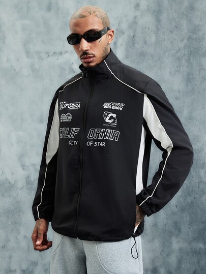 INCRYTM Chaqueta de moda casual de calle para hombre, primavera/otoño, con estampado de letras, color contrastante, cremallera delantera, dobladillo con cordón y cuello alto