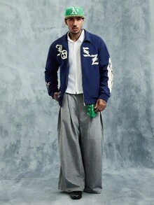 INCRYTM Jaket Kasual Pria Lengan Panjang dengan Motif Huruf dan Resleting Depan, Gaya Y2k - Navy Blue - View 3