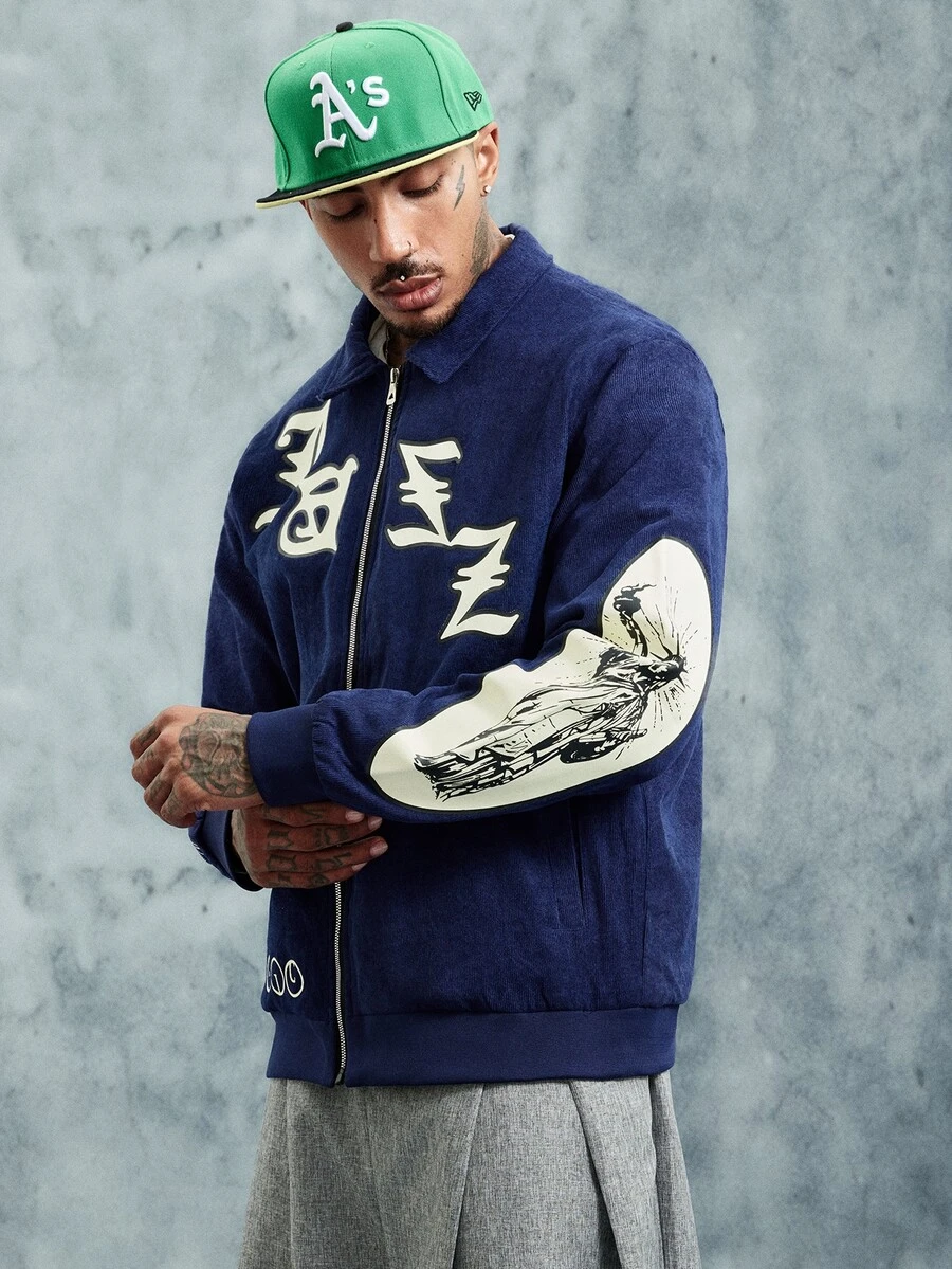 INCRYTM Jaket Kasual Pria Lengan Panjang dengan Motif Huruf dan Resleting Depan, Gaya Y2k - Navy Blue - View 1