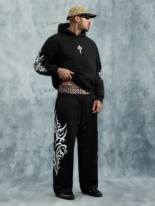 INCRYTM Men's Hooded Cross Pattern Long Sleeve Sweatshirt And Sweatpants Casual Daily Set - Black - View 3