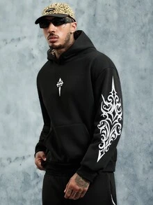 INCRYTM Men's Hooded Cross Pattern Long Sleeve Sweatshirt And Sweatpants Casual Daily Set - Black - View 4