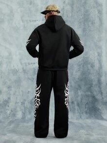 INCRYTM Men's Hooded Cross Pattern Long Sleeve Sweatshirt And Sweatpants Casual Daily Set - Black - View 2