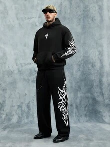 INCRYTM Men's Hooded Cross Pattern Long Sleeve Sweatshirt And Sweatpants Casual Daily Set - Black - View 1