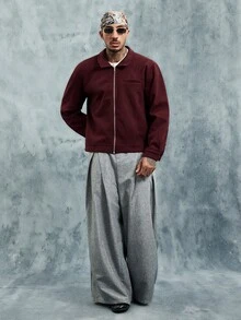 INCRYTM 男士纯色拉链休闲夹克，秋冬男士拉链衬衫短款夹克，男士夹克，男士长袖毛衣夹克，男士休闲夹克 - 酒紅色 - 查看 4
