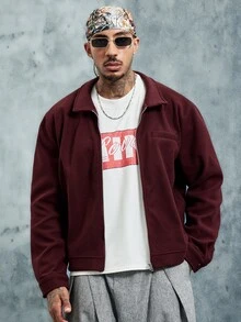 INCRYTM 男士纯色拉链休闲夹克，秋冬男士拉链衬衫短款夹克，男士夹克，男士长袖毛衣夹克，男士休闲夹克 - 酒紅色 - 查看 3