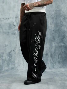 INCRYTM Men's Letter Print Contrast Waistband Sweatpants - Black - View 3