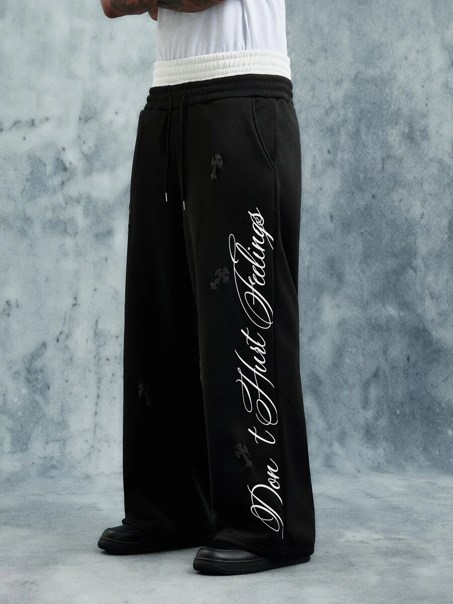 INCRYTM Men's Letter Print Contrast Waistband Sweatpants - Black - View 1
