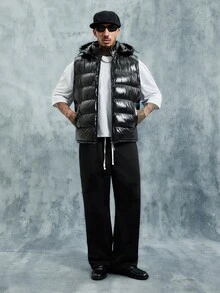 INCRYTM 男士冬季絎縫連帽拉鍊無袖加厚填充背心防寒馬甲，送給男友的絕佳禮物 - 黑色 - 查看 3