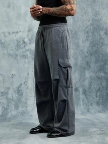 INCRYTM 1 件男士纯色休闲口袋宽松工装运动裤，灰色工装裤，宽松灰色运动裤，男士超大裤 - 深灰色 - 查看 1