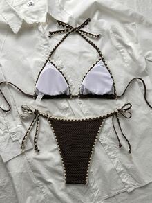 SHEIN Swim 女士纯色提花面料荷叶边系带比基尼套装两件套泳衣，夏季 - 咖啡棕 - 查看 3