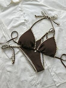SHEIN Swim 女士纯色提花面料荷叶边系带比基尼套装两件套泳衣，夏季 - 咖啡棕 - 查看 2