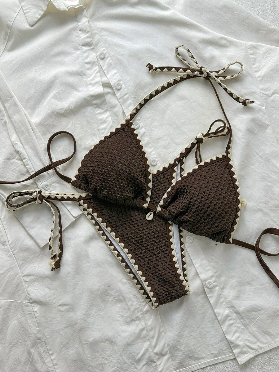 SHEIN Swim 女士纯色提花面料荷叶边系带比基尼套装两件套泳衣，夏季